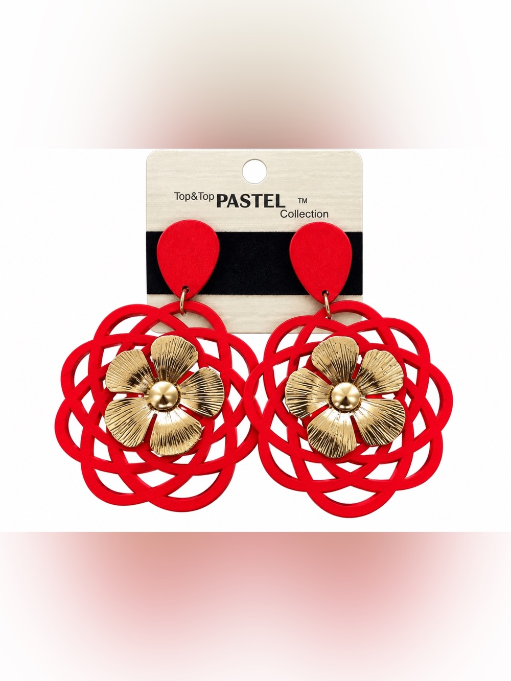 Top & Top Red Gold Floral Statement Dangle Earrings Boho Lightweight